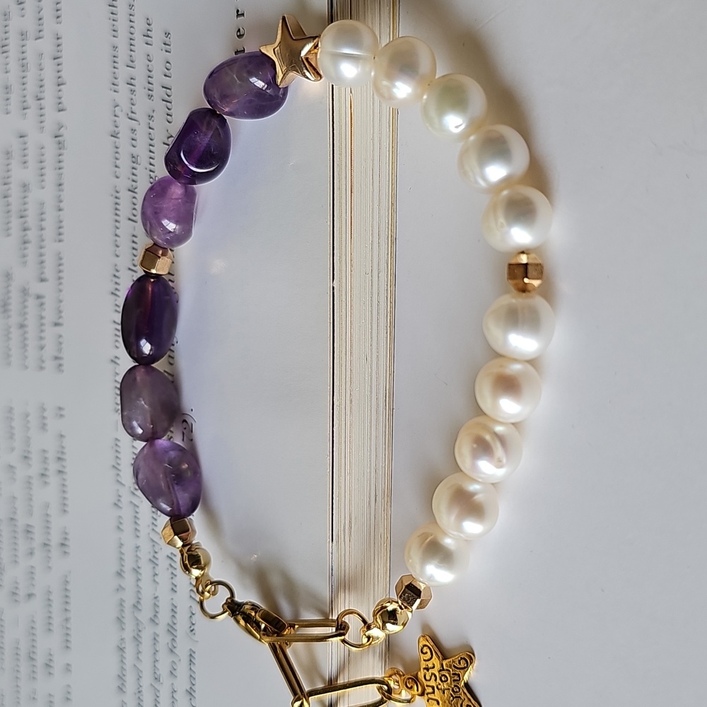 Natural Amethyst And Baroque Pearl Bracelet-french Vintage/Boho Style